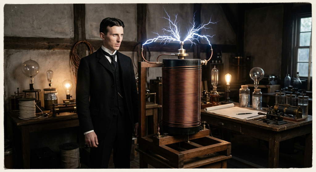Nikola Tesla stands in a dark laboratory beside a large copper coil discharging brilliant electrical arcs.