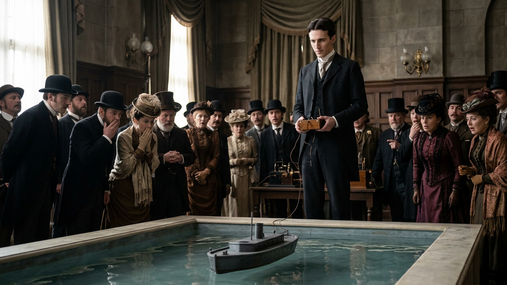 Nikola Tesla guides a small model boat in an indoor pool while a Victorian crowd watches.