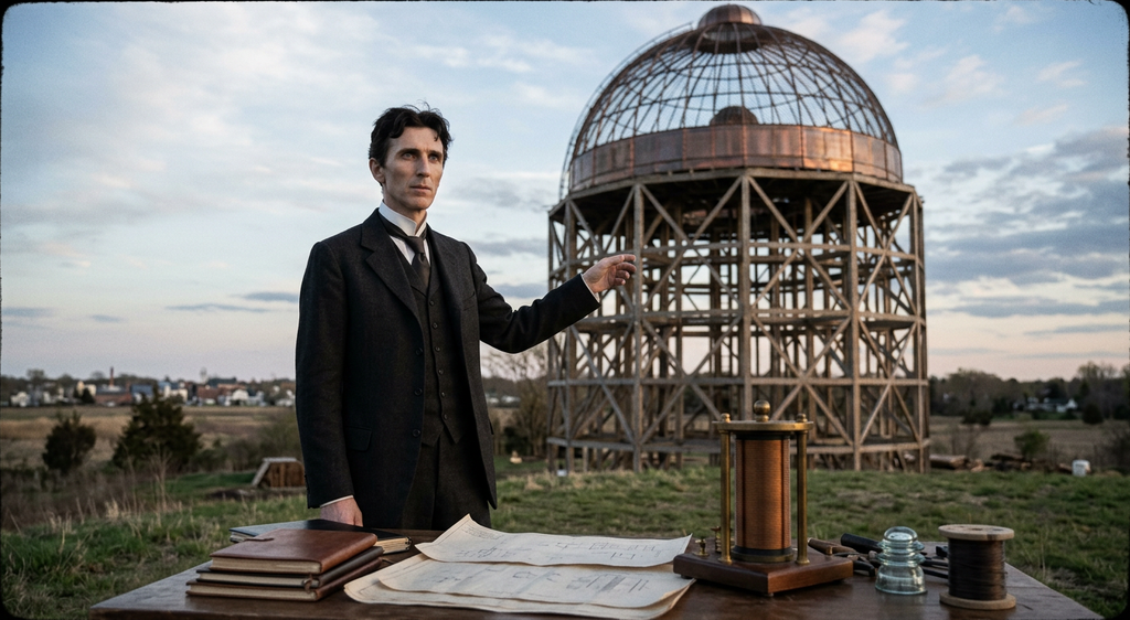 Nikola Tesla stands in a rural field beside a massive wooden tower topped with a large metal sphere.