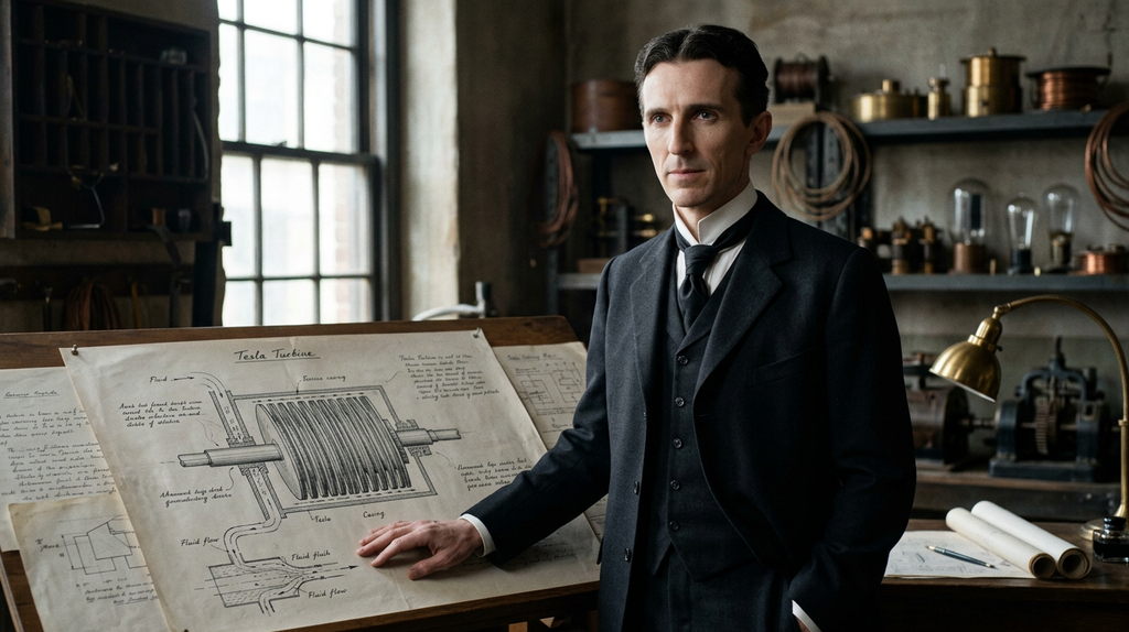 Nikola Tesla stands beside a technical drawing of metal disks on a central shaft.