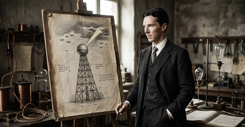 Nikola Tesla stands near a sketch of a metal tower projecting a beam of energy into the sky.