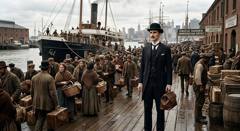 Nikola Tesla stands in a formal suit at a crowded New York harbor as immigrants disembark from ships.