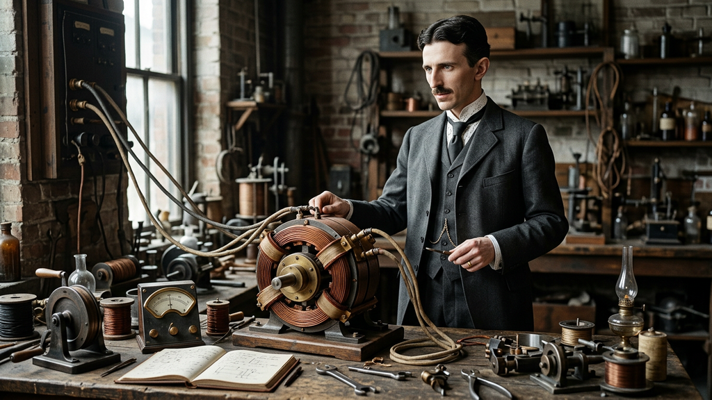Nikola Tesla stands beside a copper-wire induction motor resting on a wooden workbench.