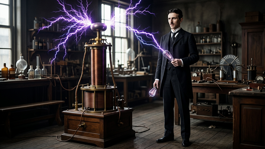 Nikola Tesla stands in a dark laboratory next to a tall coil emitting bright purple electrical arcs.