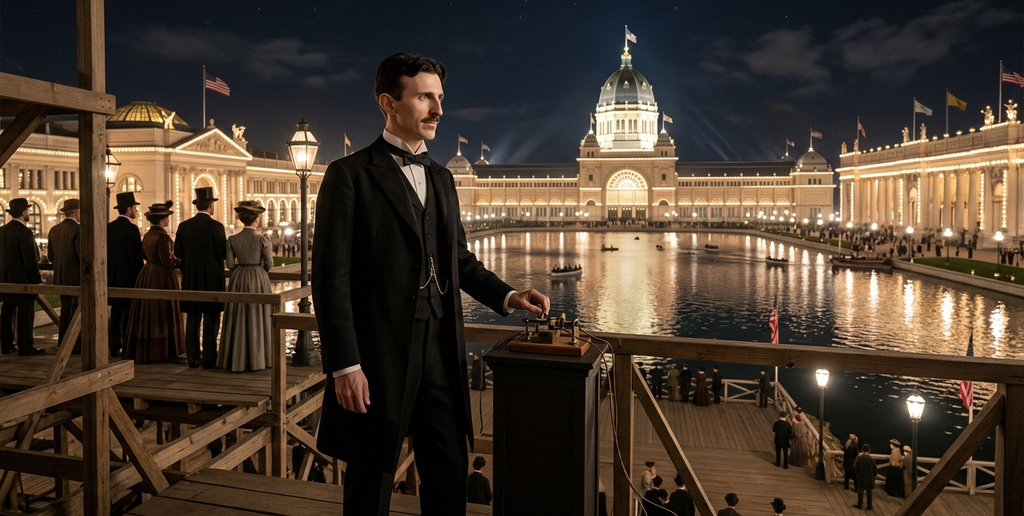 Nikola Tesla stands before illuminated neoclassical buildings at the Chicago World's Fair at night.