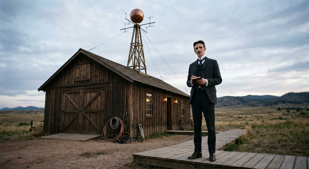 Nikola Tesla stands outside a wooden laboratory on the Colorado plains near a tall copper-topped mast.