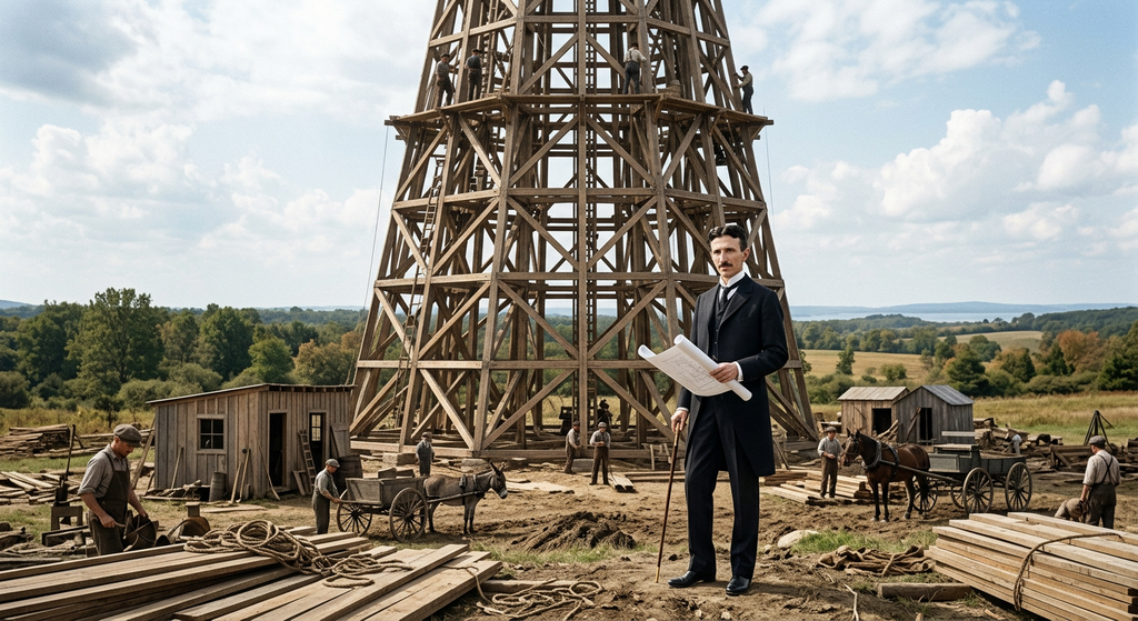 Nikola Tesla stands in a field in front of a giant wooden lattice tower under construction.