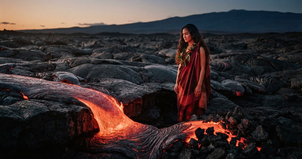 Molten lava splits into smooth ropy pāhoehoe and sharp dark basalt at dusk.