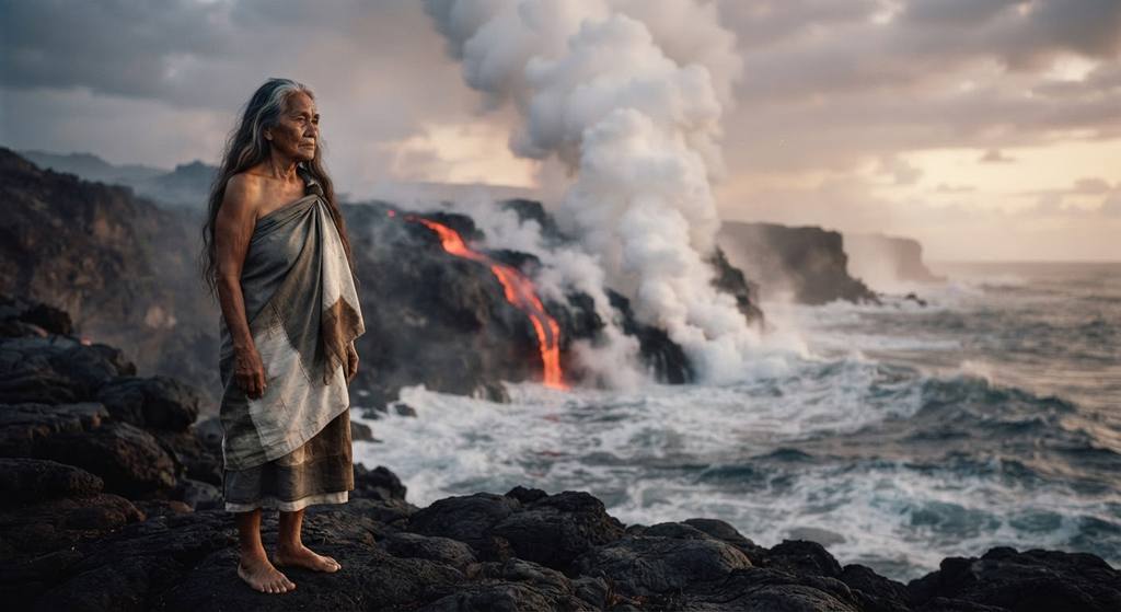White steam rises where red lava flows into the crashing waves of the Pacific.