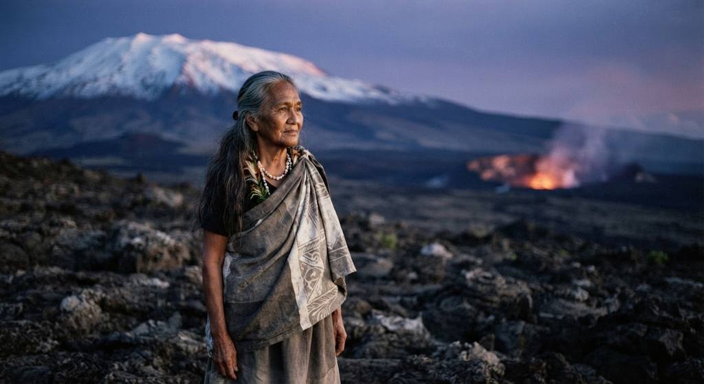 A snow-capped volcanic peak overlooks distant glowing crater plumes at twilight.
