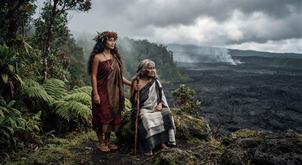 A misty green forest valley meets stark black lava fields under heavy clouds.