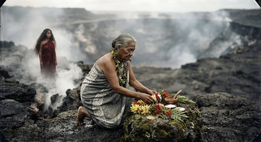 Traditional floral lei offerings rest on dark basalt rock near a steaming crater.