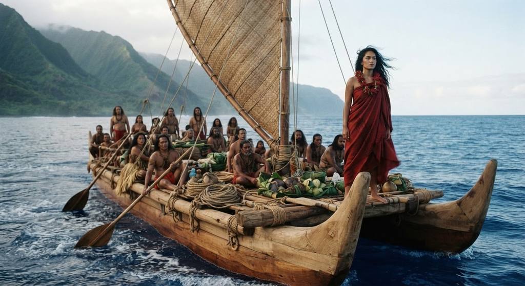 A figure in red stands at the prow of a traditional voyaging canoe on the ocean.