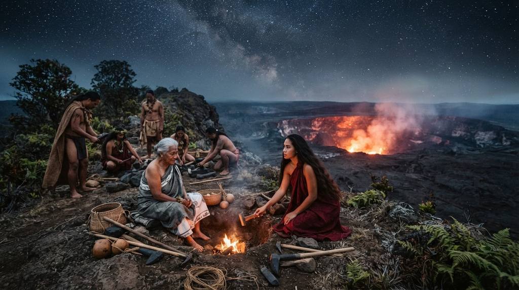 A glowing volcanic crater illuminates a high island ridge under a starry night sky.