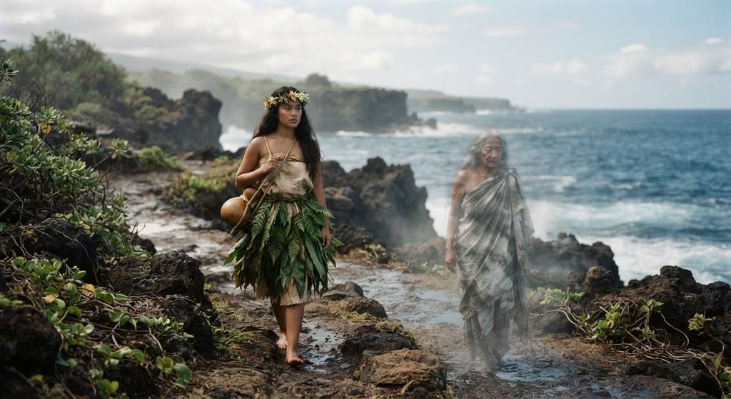 A young woman in a fern skirt walks along a rocky coastal path near the ocean.