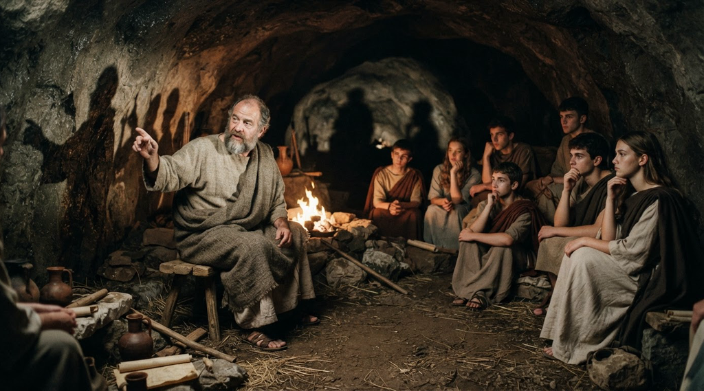 Plato observes shadows cast by a fire against the curved wall of a dark stone cave.