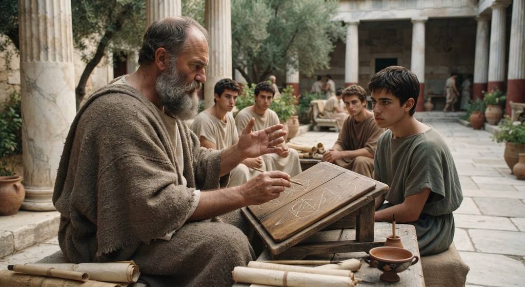 Plato examines geometric diagrams of ideal shapes drawn on parchment in a serene, sunlit marble courtyard.