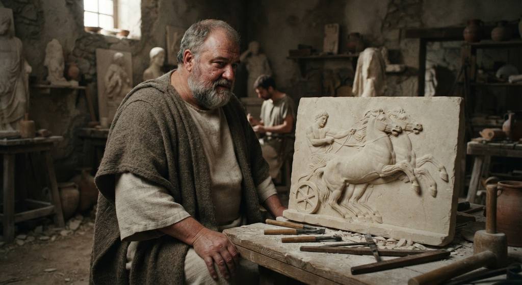 Plato contemplates a classical relief sculpture showing a charioteer struggling to control two rearing horses.