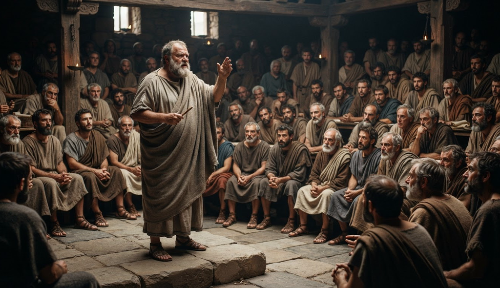 An elderly Plato in a simple cloak stands before a large, crowded council of Athenian citizens.