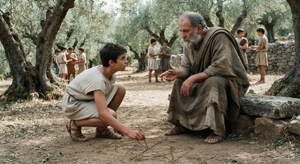 Plato watches as a young student draws geometric diagrams in the dirt of an olive grove.