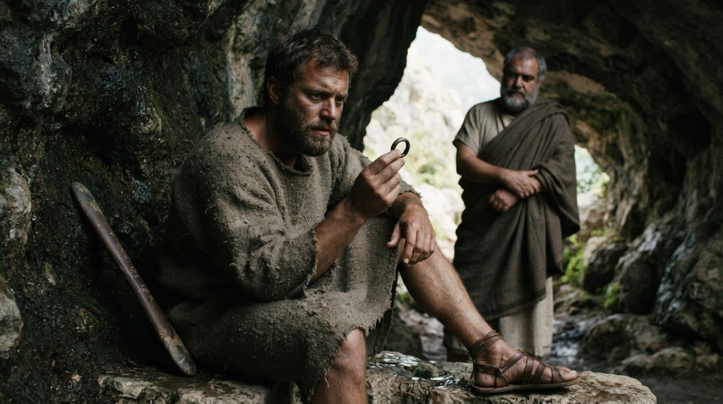 A shepherd stands in the entrance of a dark mountain cave, holding a tarnished bronze ring.