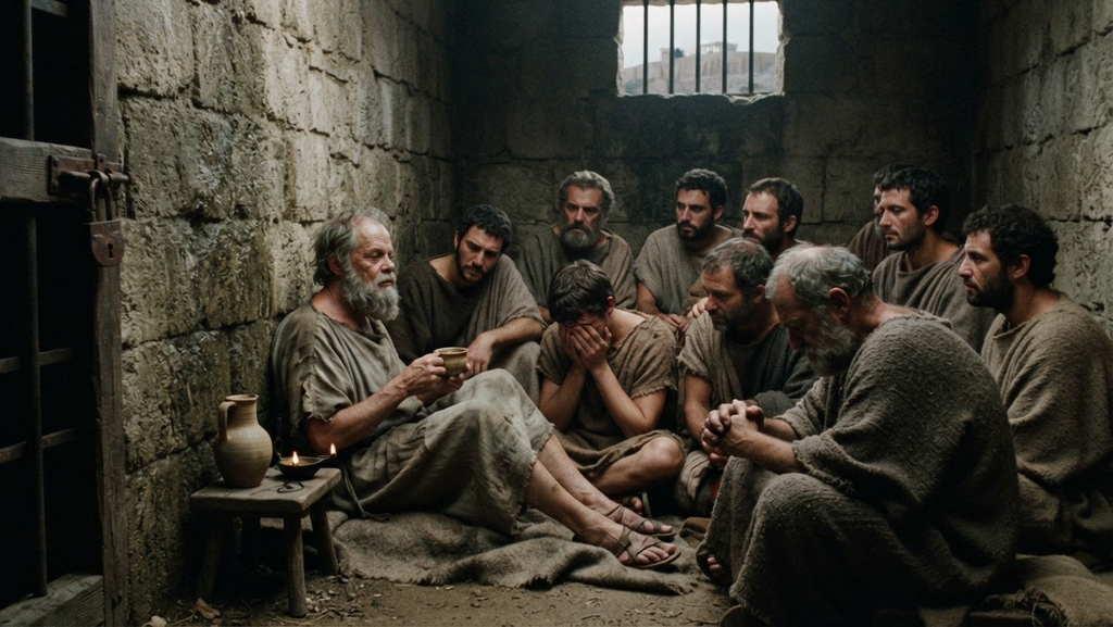 Socrates sits on the floor of a stone prison cell, surrounded by his somber and grieving followers.