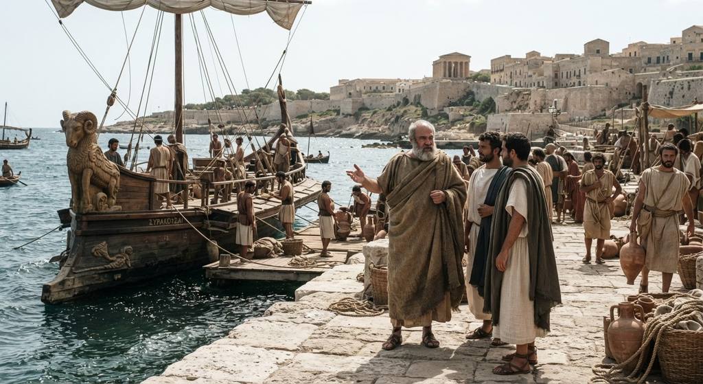 An elderly Plato in a woolen himation stands on a wooden dock beside a Greek ship on the coast of Syracuse.
