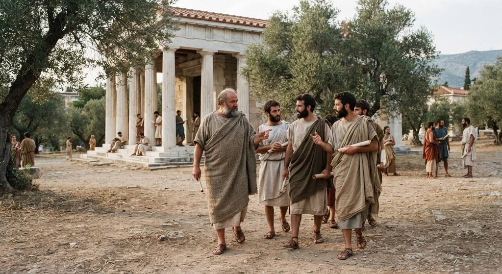 Plato walks through a grove of olive trees, gesturing as he speaks to a group of scholars near marble porticoes.