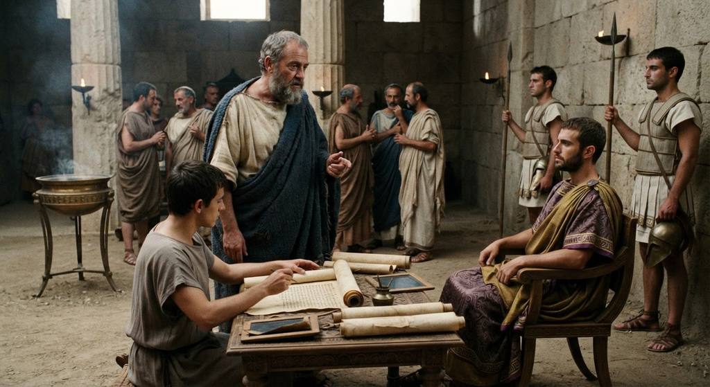 Plato stands in an ancient court filled with bronze tripods and parchment documents, addressing a group of officials.