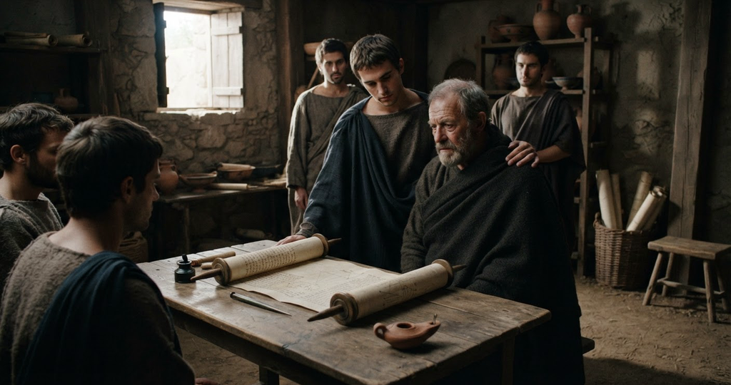 A single aged parchment scroll rests on a wooden desk inside a quiet, dimly lit study.