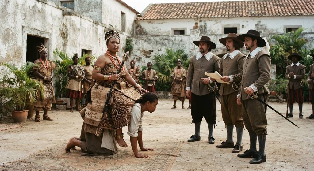 Queen Nzinga sits atop a human attendant to face Portuguese diplomats in an open courtyard.