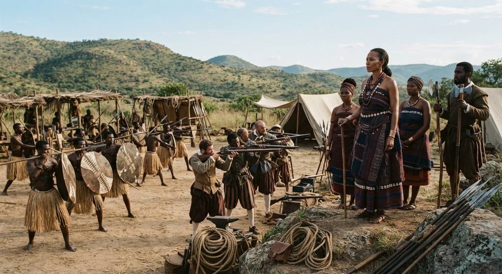 African soldiers train with traditional spears and European-style firearms in a fortified hill camp.