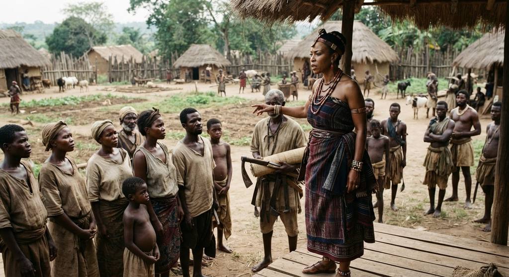 Warriors and workers receive land and tools within a bustling, fortified village in Matamba.