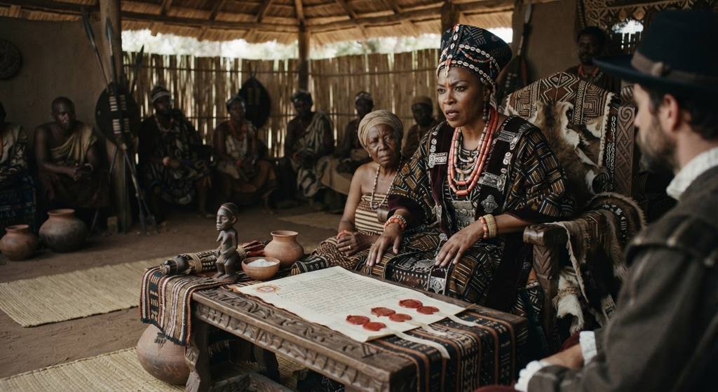 A formal diplomatic parchment with royal seals rests on a table beside traditional Mbundu textiles.