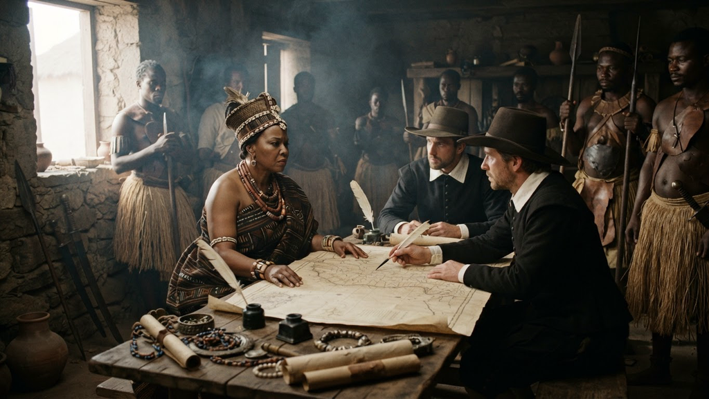Dutch naval officers and Matamba war captains lean over a large map of the West African coast.