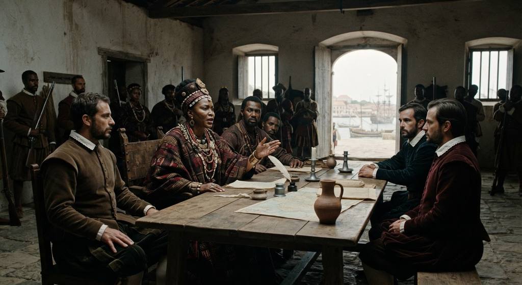 Queen Nzinga sits at a table negotiating with European officials during the 1622 Luanda peace conference.