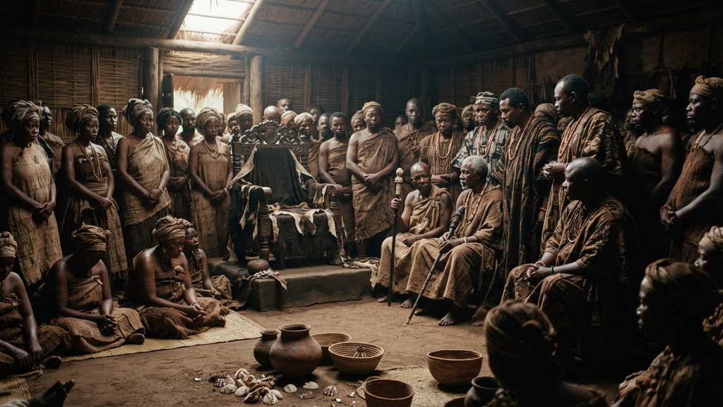 Mourners gather in a dimly lit hall around an empty, ornate hardwood throne to mark a transition of power.