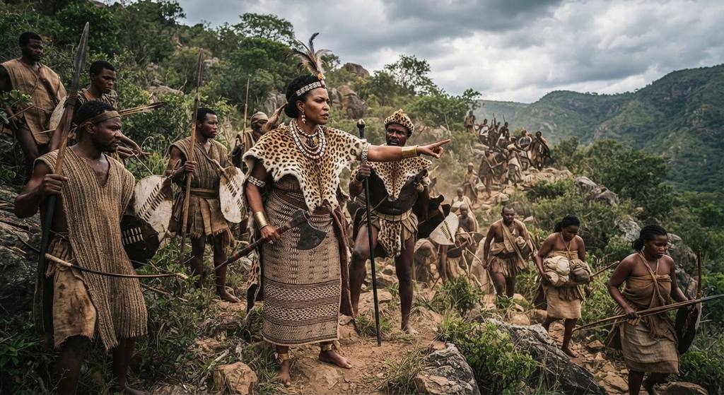 Queen Nzinga in regal Mbundu attire directs her soldiers through rugged, hilly terrain during a strategic retreat.