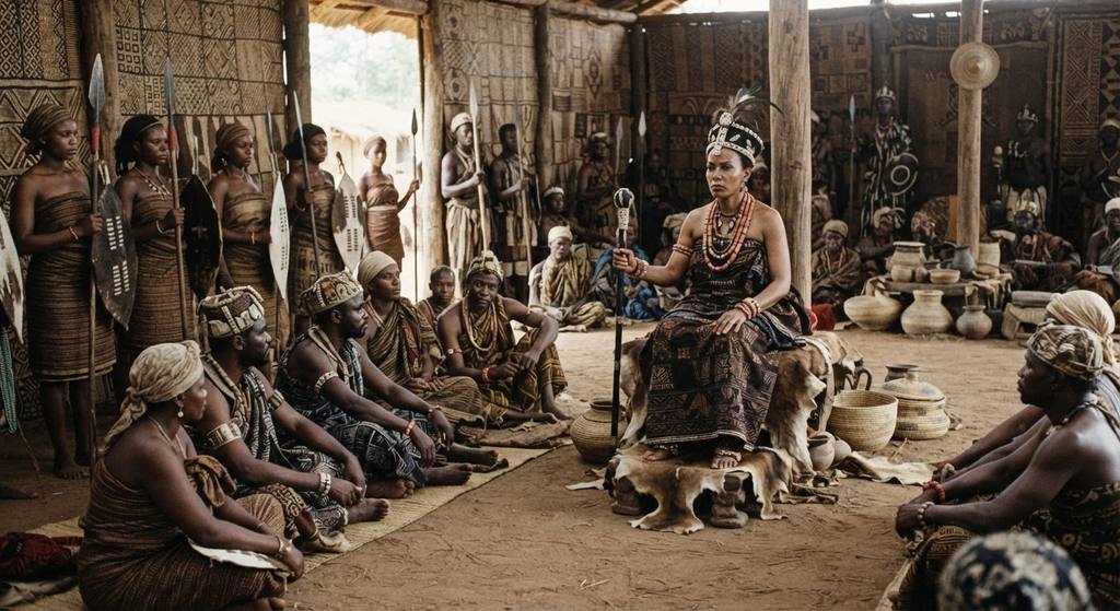 The royal court of Matamba is decorated with intricate woven textiles and diplomatic gifts reflecting the queen's authority.