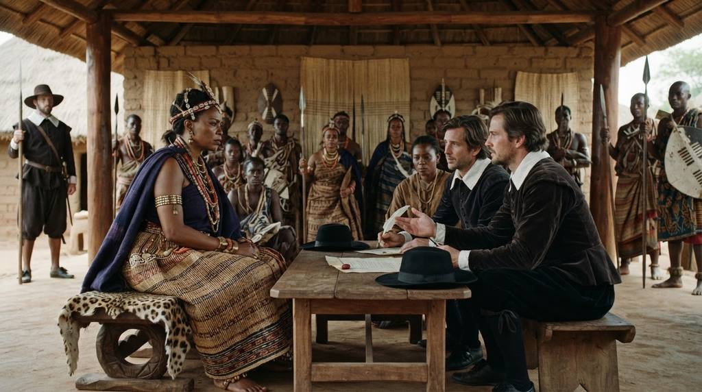 Queen Nzinga meets with Dutch envoys in a formal court setting to sign a military agreement.