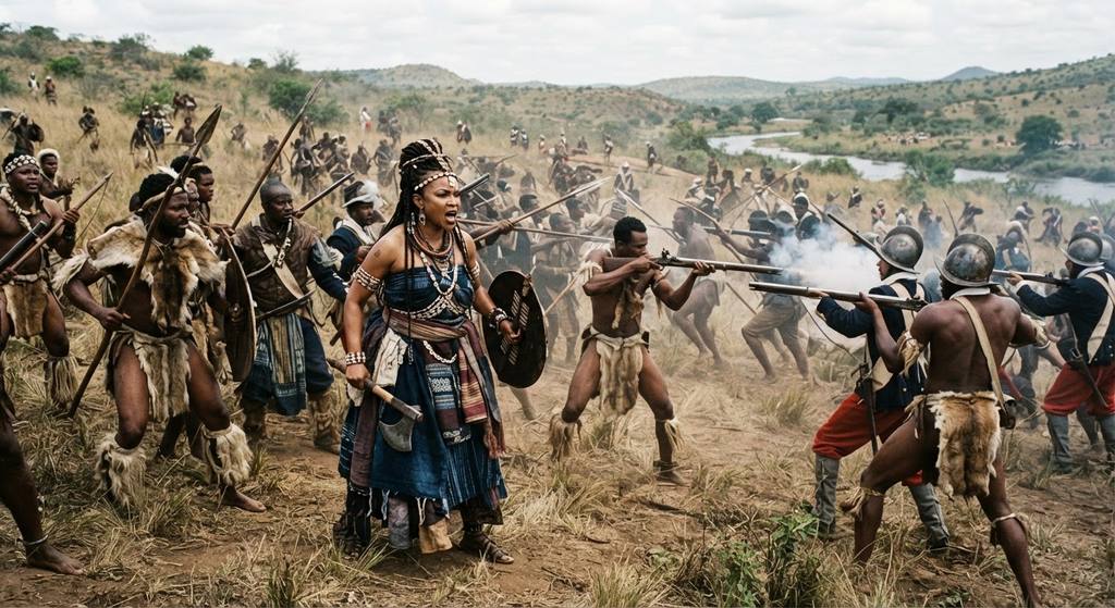 Matamba warriors and allied forces engage in a tactical battle using traditional weapons and European firearms.