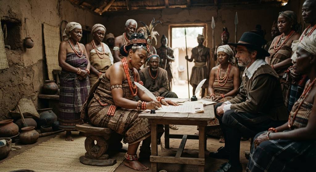 Queen Nzinga sits with her counsel in a decorated chamber while signing a formal treaty document.