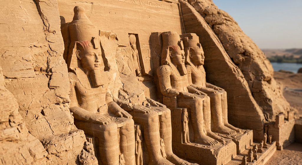 Four colossal statues of a seated pharaoh are carved into a towering cliff face.