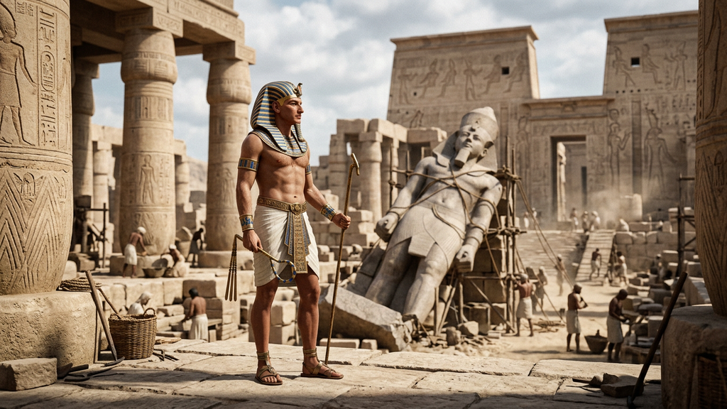 Ruined stone pillars and a fallen granite statue lie in a temple courtyard.