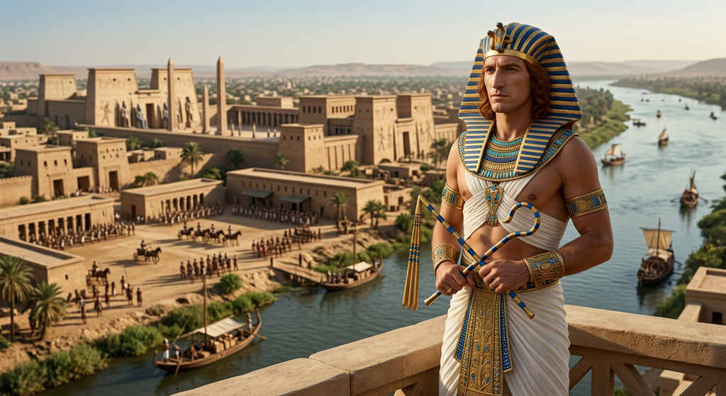 A vibrant ancient Egyptian city with temples and barracks spans a riverbank.