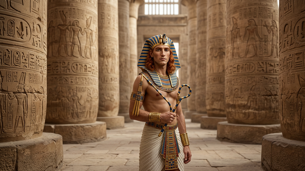 Massive stone columns covered in hieroglyphs tower through a sacred temple hall.