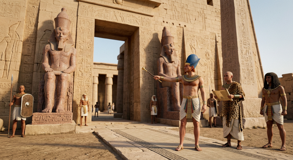 Giant seated statues and a stone obelisk flank the entrance of a monumental temple.
