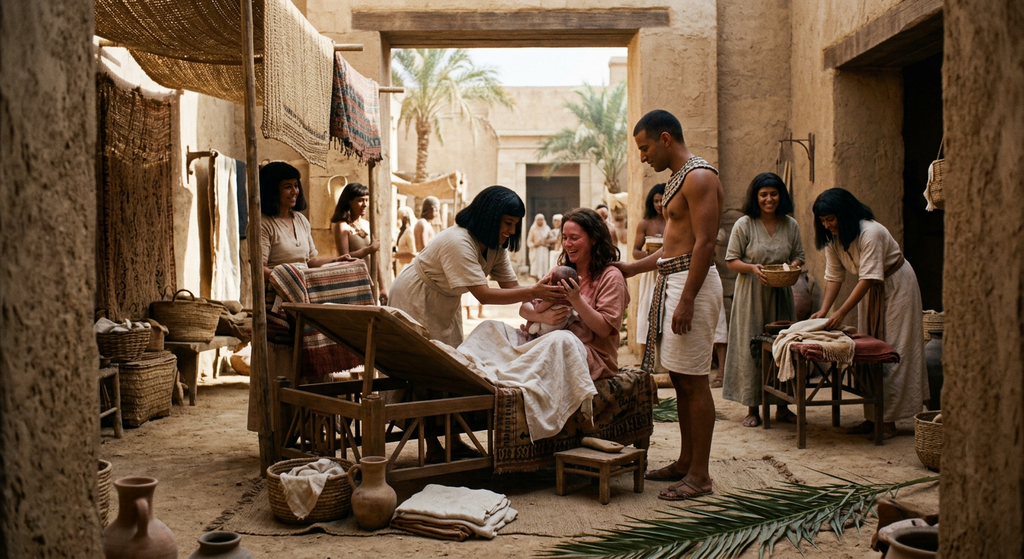 A young prince with reddish hair stands in a sunlit Egyptian palace courtyard.
