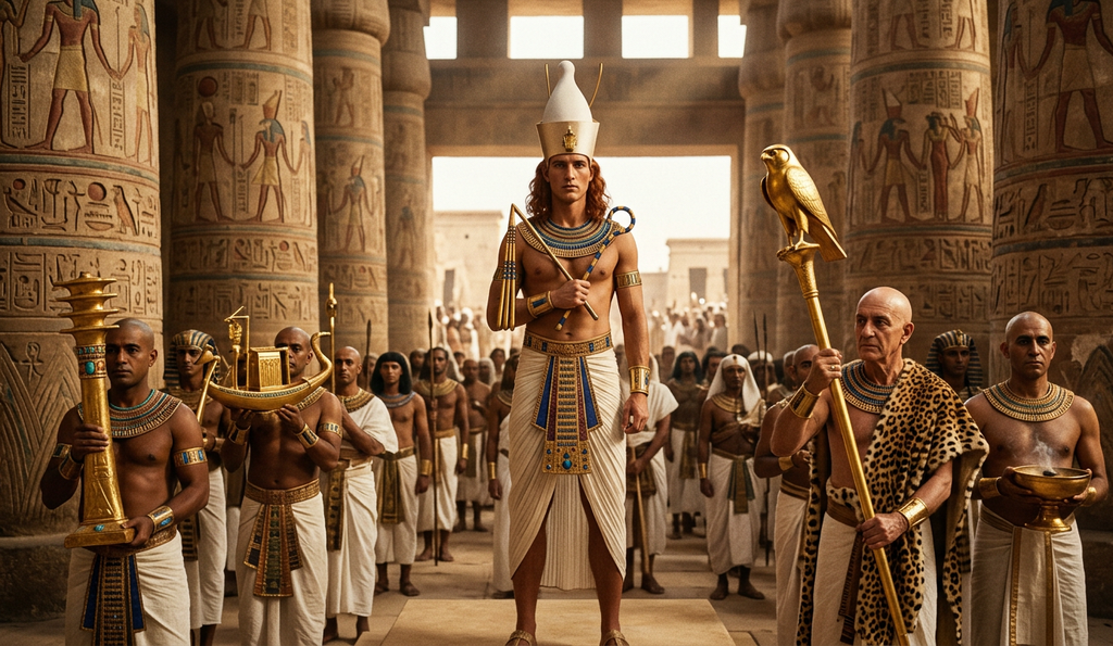 Ramses II stands in a grand temple surrounded by priests holding golden artifacts.