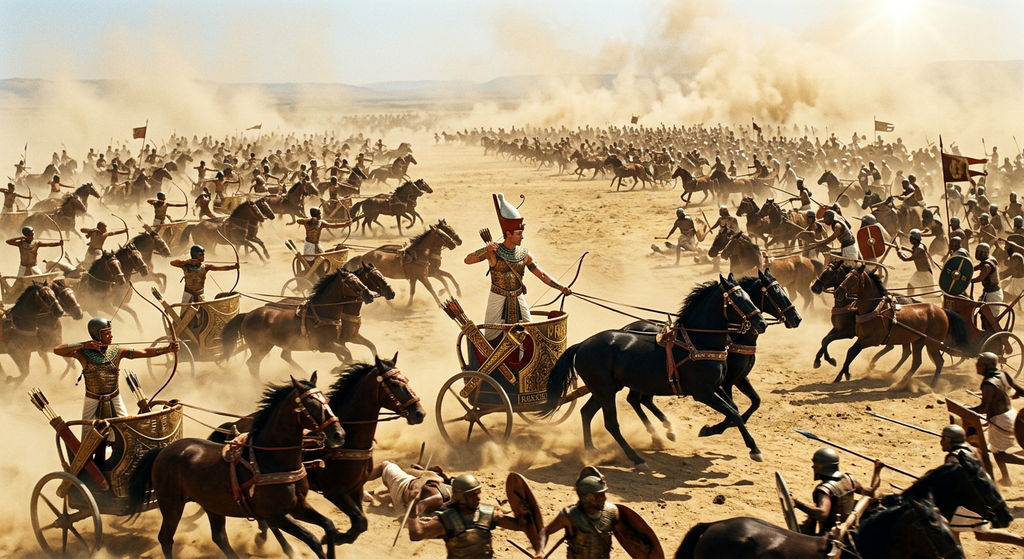 Thousands of horse-drawn chariots clash across a dusty plain under a bright sun.